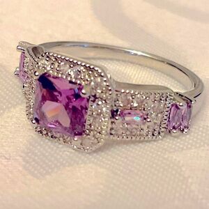 Created Pink Sapphire Princess Halo Ring Size 8 Silvertone Band